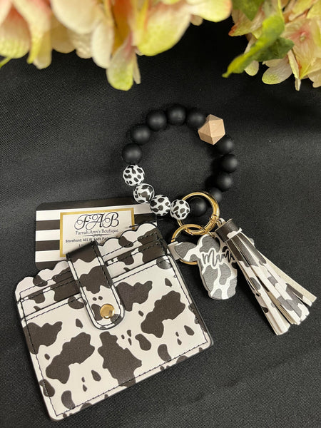 Beaded Card Holder Wristlet-Cow Print