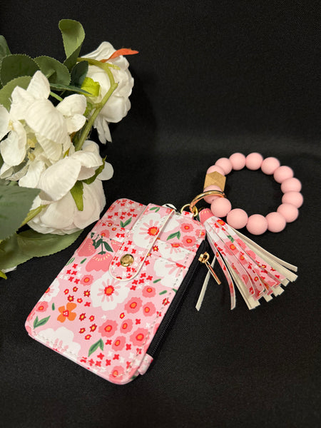 Pink Floral Beaded Wristlet