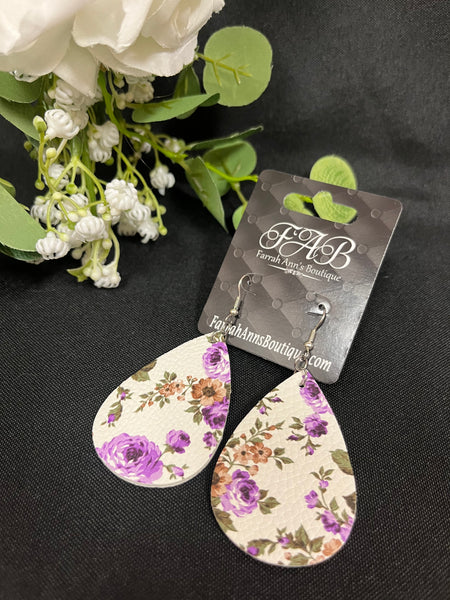 Purple Floral Leather Earrings