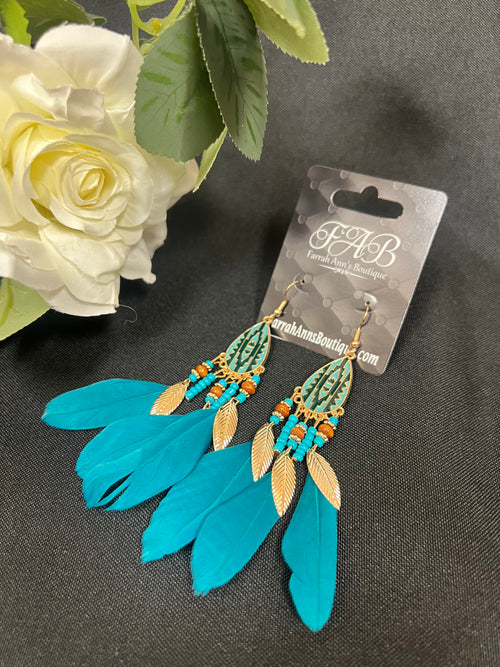 Feather Dangle Earrings - Blue