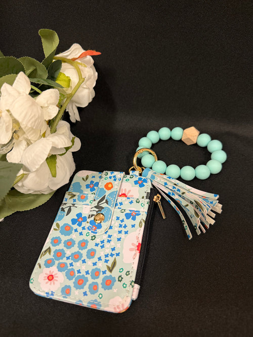 Blue Floral Beaded Wristlet